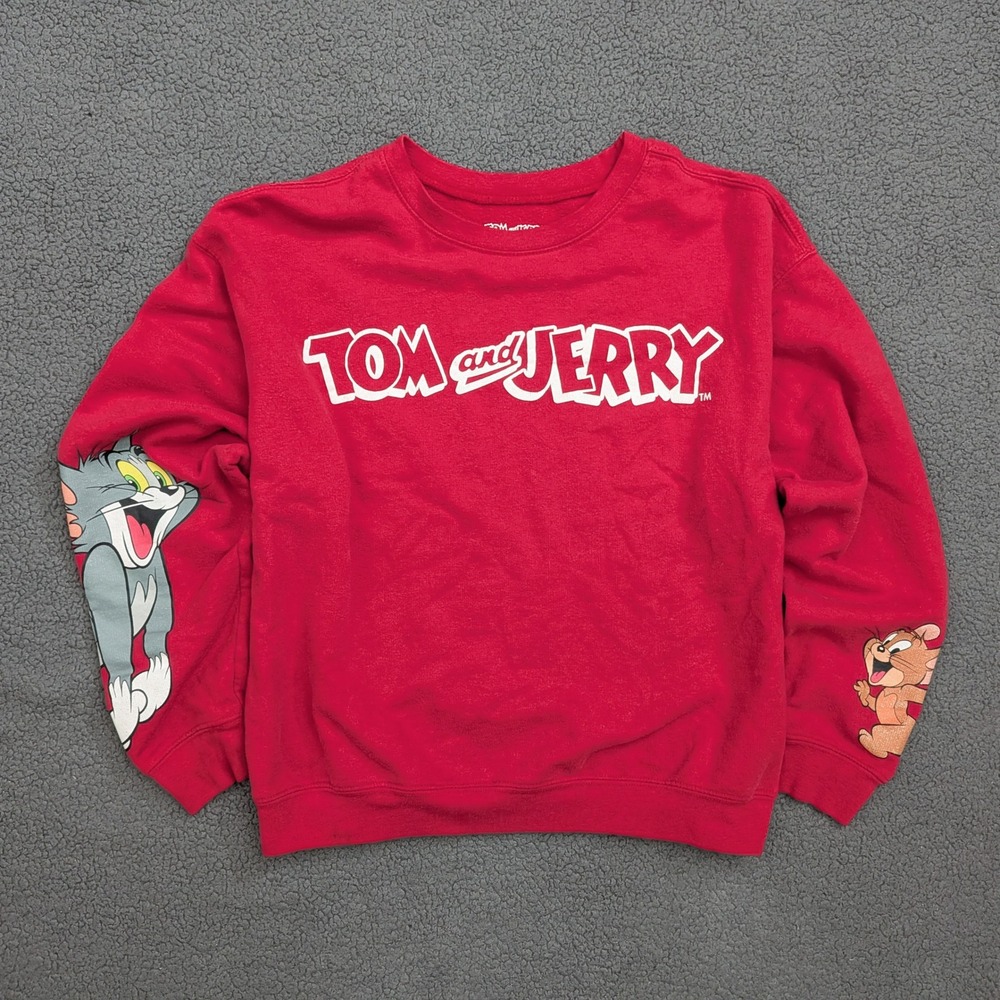 Tom and Jerry Graphic Crewneck Sweatshirt Red Large Sleeve Print Cartoon L